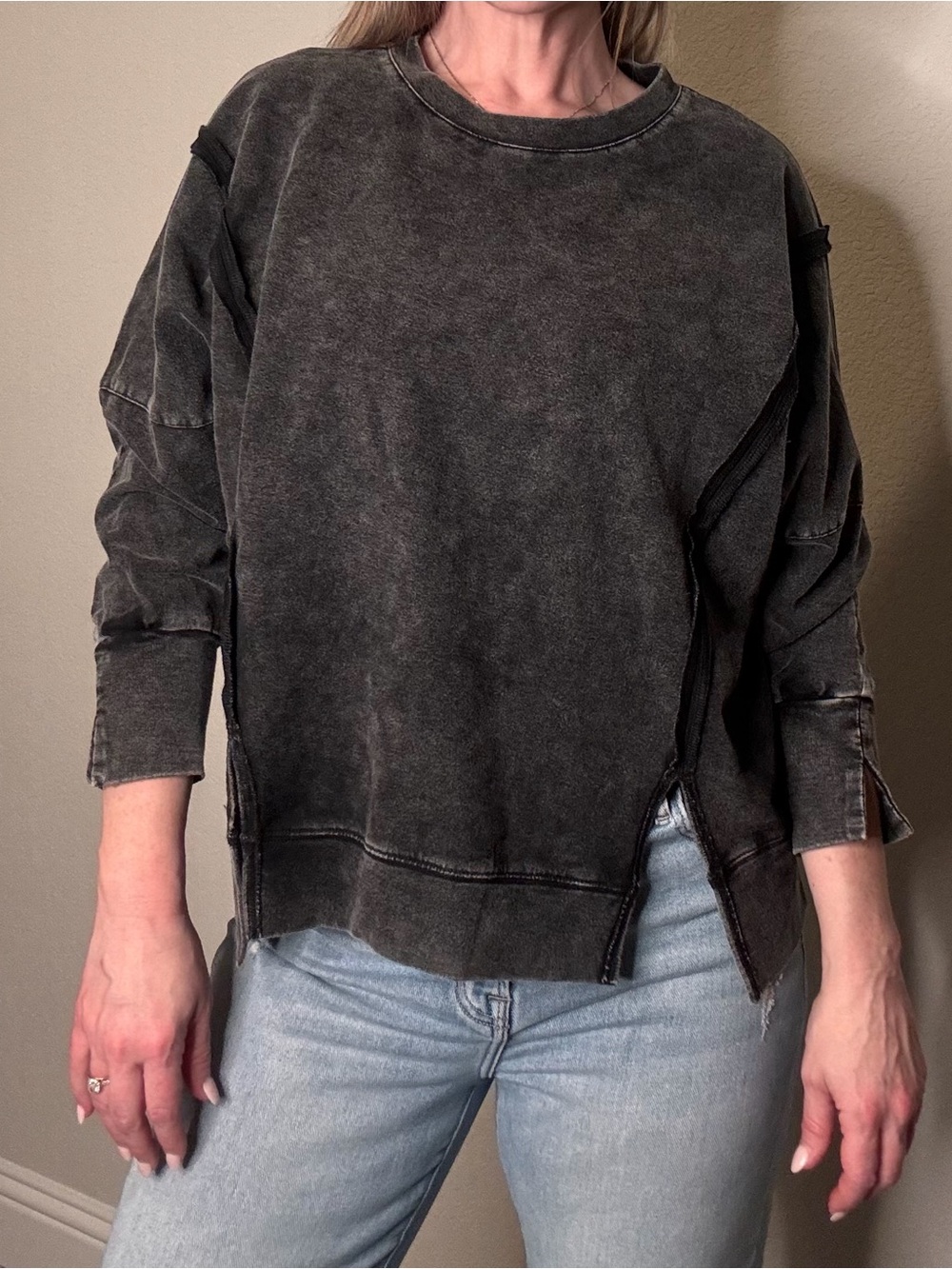 NWOT Sew In Love Distressed Washed Black Crewneck Sweatshirt